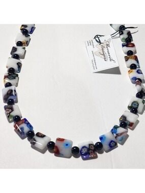 New Monarch Designs Millefiori glass square beaded necklace sterling findings